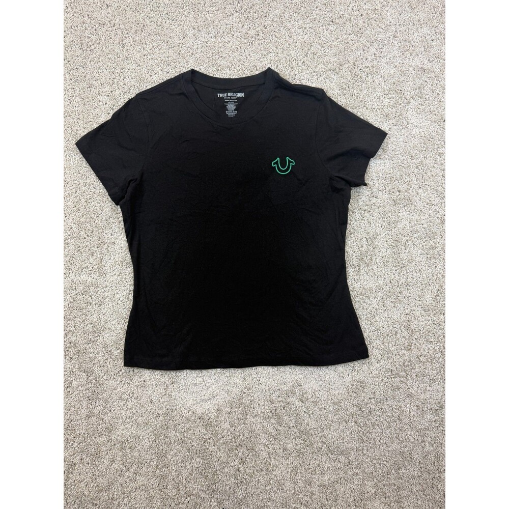 True Religion Men's TR Chain Stitch T-Shirt XL Jet Black Green Logo NWT $59